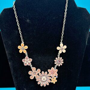 VTG Honey Signed Peach Pink & Orange Rhinestone Flower Statement Necklace 19"